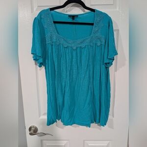 Lane Bryant Teal Blue Crinkle Square Neck Flutter Sleeve Blouse in Size 16